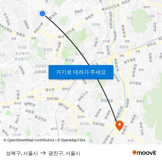 성북구, 서울시 to 광진구, 서울시 map