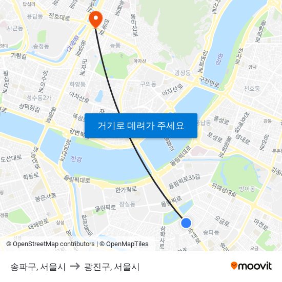 송파구, 서울시 to 광진구, 서울시 map