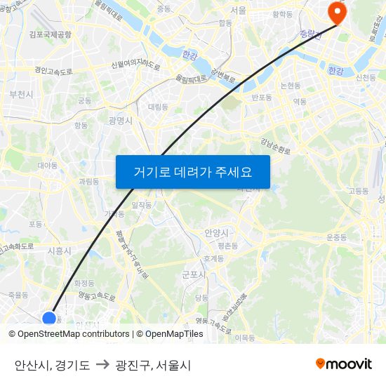 안산시, 경기도 to 광진구, 서울시 map