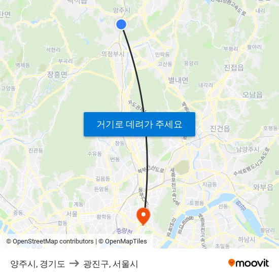 양주시, 경기도 to 광진구, 서울시 map