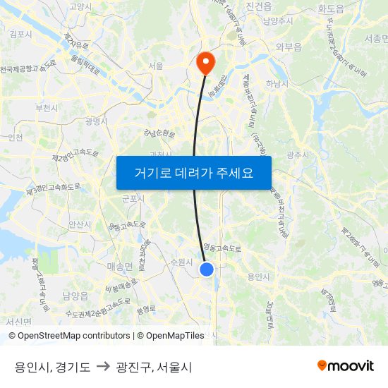 용인시, 경기도 to 광진구, 서울시 map