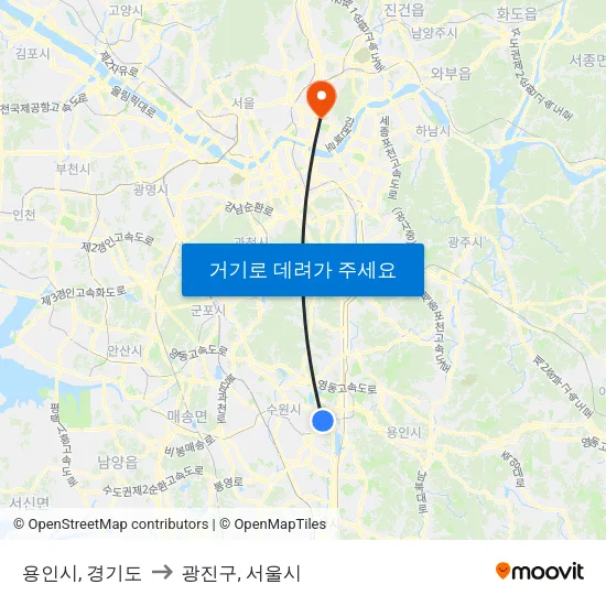 용인시, 경기도 to 광진구, 서울시 map