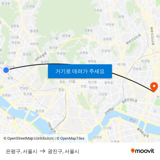 은평구, 서울시 to 광진구, 서울시 map