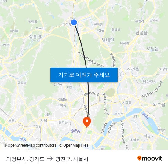 의정부시, 경기도 to 광진구, 서울시 map