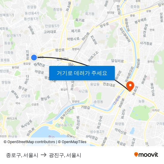 종로구, 서울시 to 광진구, 서울시 map