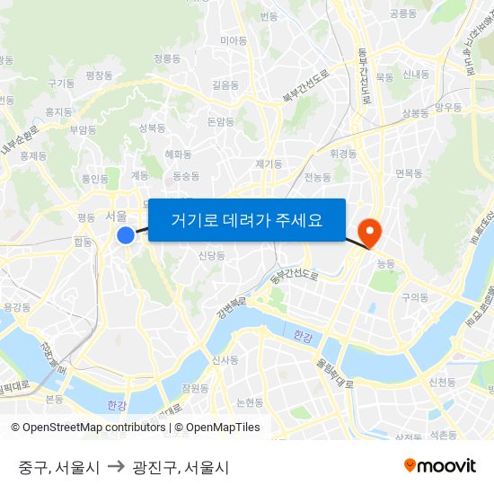 중구, 서울시 to 광진구, 서울시 map