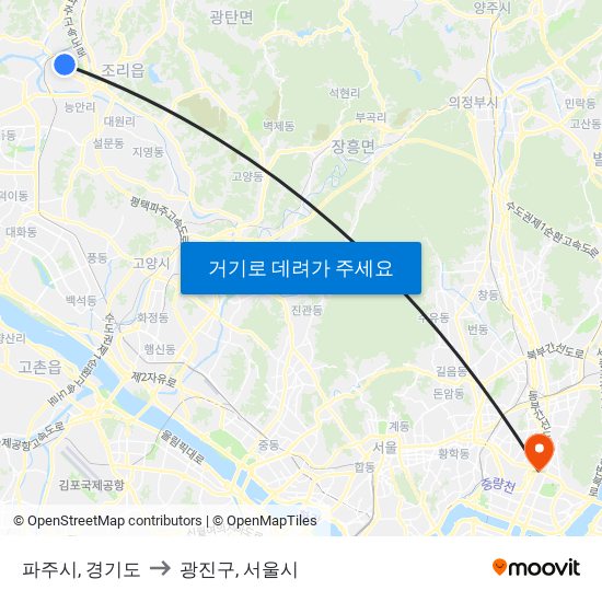 파주시, 경기도 to 광진구, 서울시 map