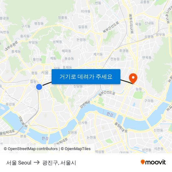서울 Seoul to 광진구, 서울시 map