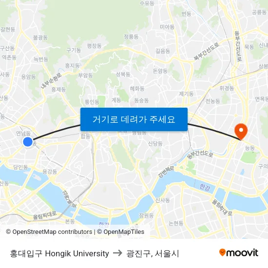 홍대입구 Hongik University to 광진구, 서울시 map