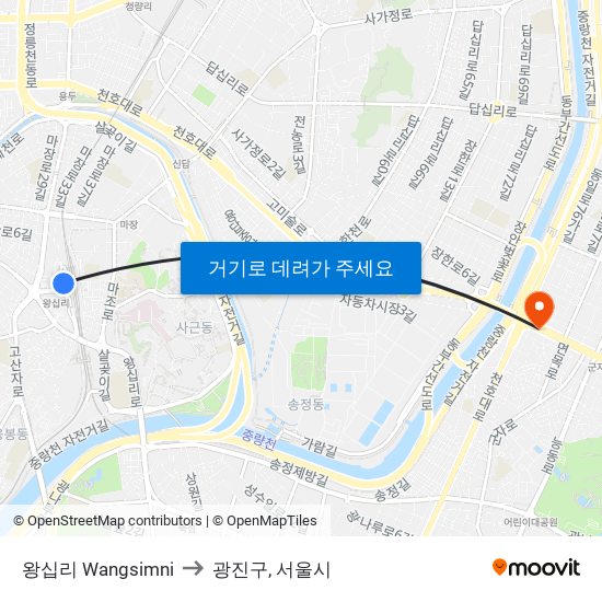 왕십리 Wangsimni to 광진구, 서울시 map