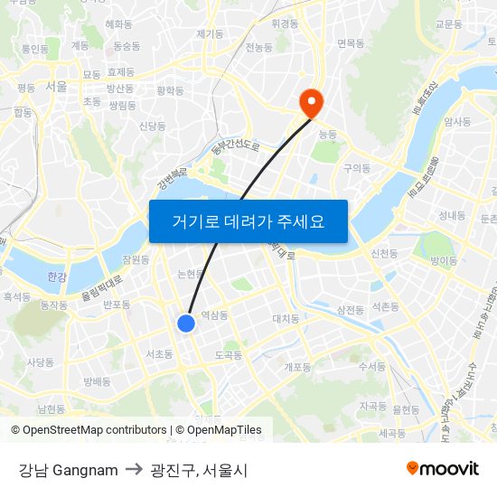 강남 Gangnam to 광진구, 서울시 map