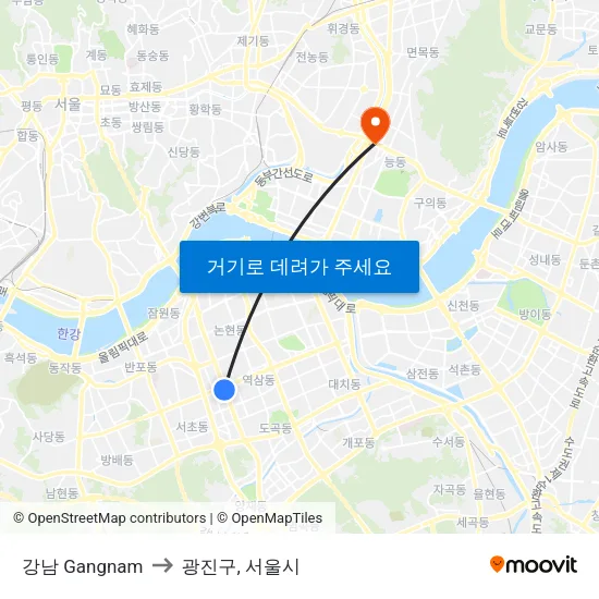 강남 Gangnam to 광진구, 서울시 map