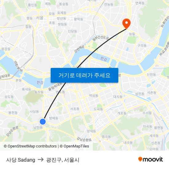 사당 Sadang to 광진구, 서울시 map