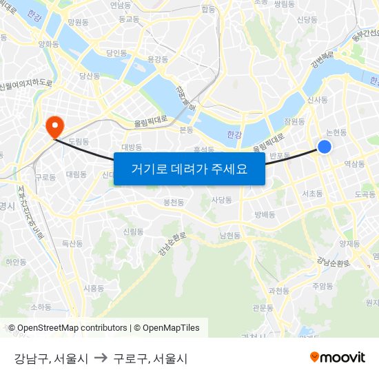 강남구, 서울시 to 구로구, 서울시 map