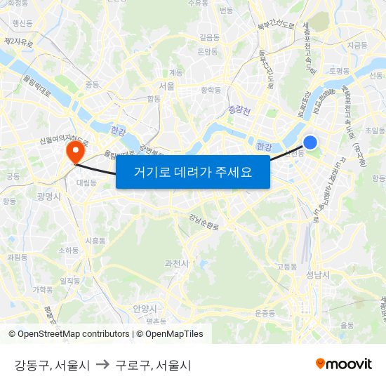 강동구, 서울시 to 구로구, 서울시 map