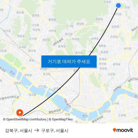 강북구, 서울시 to 구로구, 서울시 map