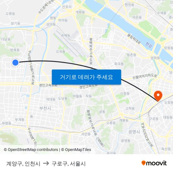 계양구, 인천시 to 구로구, 서울시 map