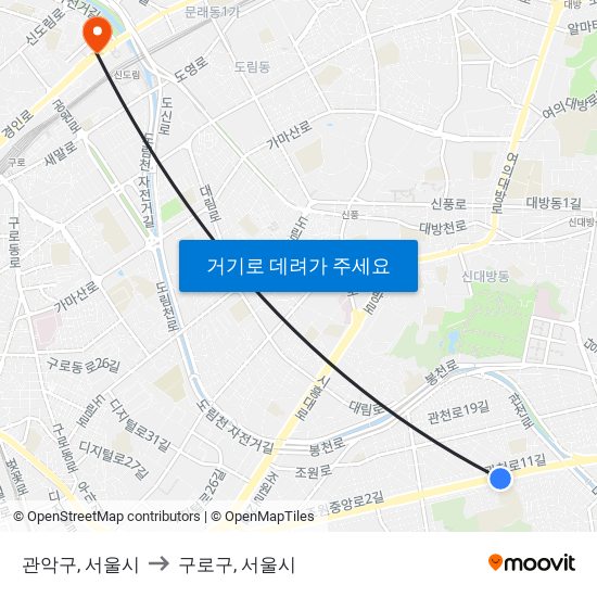 관악구, 서울시 to 구로구, 서울시 map