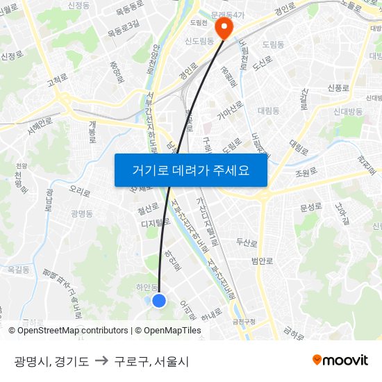 광명시, 경기도 to 구로구, 서울시 map