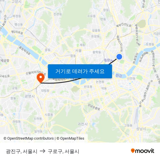 광진구, 서울시 to 구로구, 서울시 map