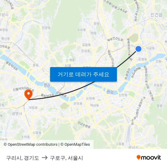 구리시, 경기도 to 구로구, 서울시 map