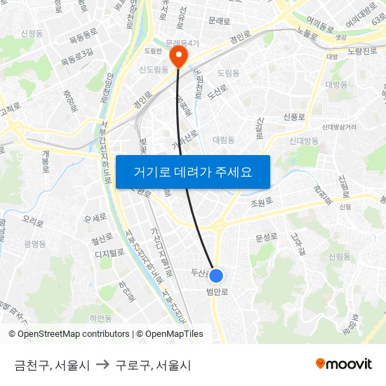 금천구, 서울시 to 구로구, 서울시 map