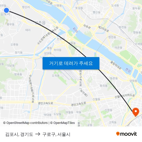 김포시, 경기도 to 구로구, 서울시 map