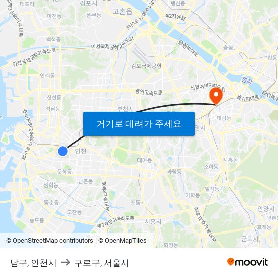 남구, 인천시 to 구로구, 서울시 map