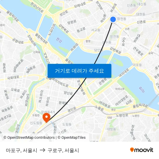 마포구, 서울시 to 구로구, 서울시 map
