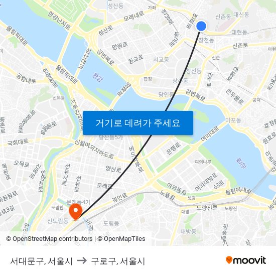 서대문구, 서울시 to 구로구, 서울시 map