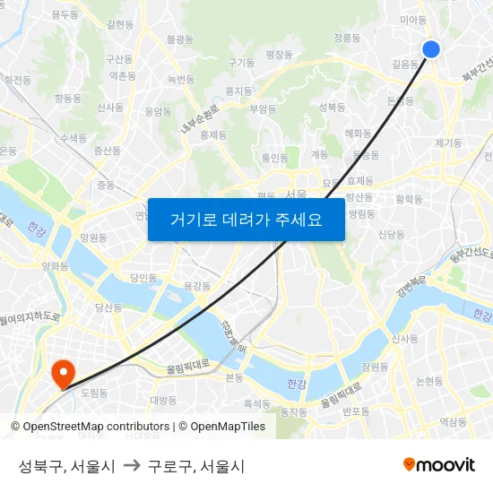 성북구, 서울시 to 구로구, 서울시 map