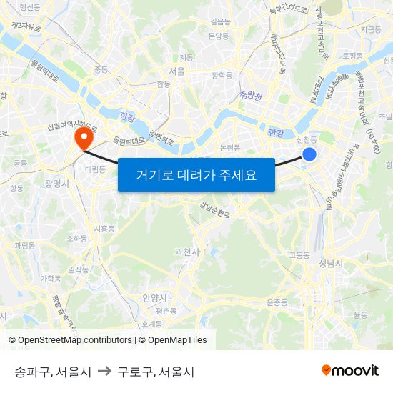 송파구, 서울시 to 구로구, 서울시 map