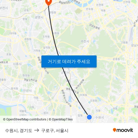수원시, 경기도 to 구로구, 서울시 map