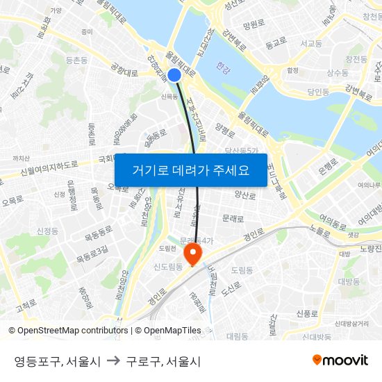 영등포구, 서울시 to 구로구, 서울시 map