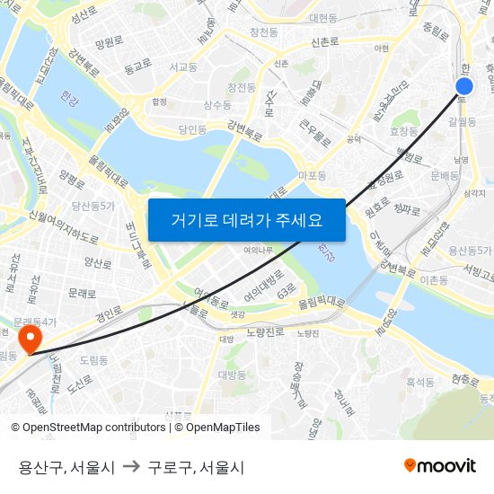 용산구, 서울시 to 구로구, 서울시 map