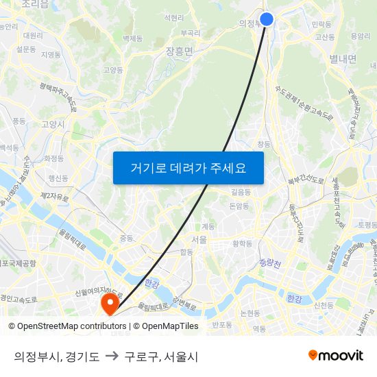 의정부시, 경기도 to 구로구, 서울시 map