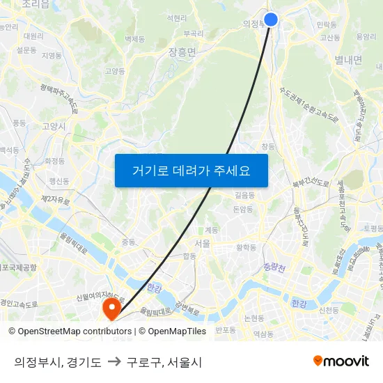 의정부시, 경기도 to 구로구, 서울시 map