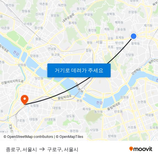 종로구, 서울시 to 구로구, 서울시 map