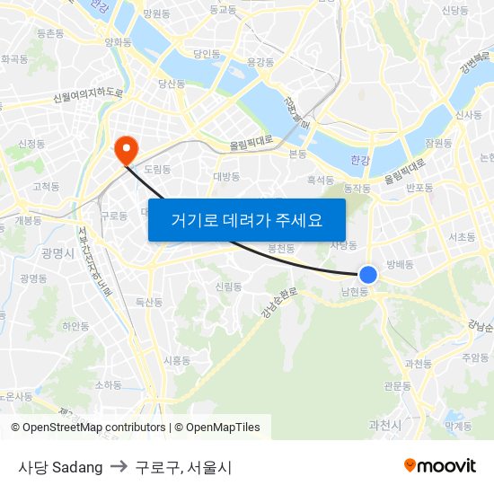 사당 Sadang to 구로구, 서울시 map