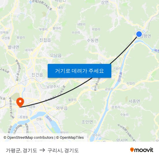 가평군, 경기도 to 구리시, 경기도 map