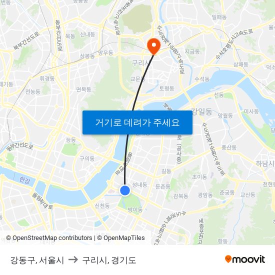 강동구, 서울시 to 구리시, 경기도 map