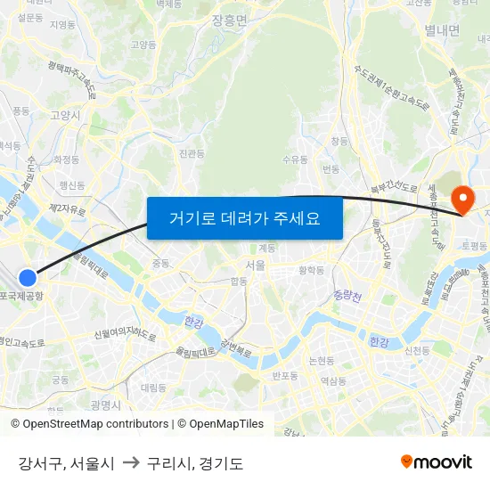 강서구, 서울시 to 구리시, 경기도 map