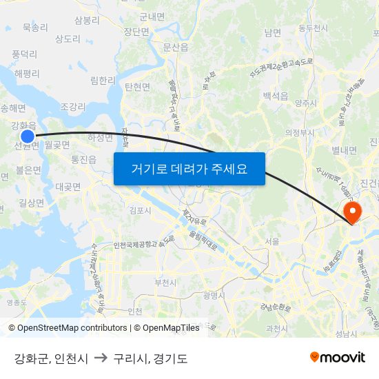 강화군, 인천시 to 구리시, 경기도 map