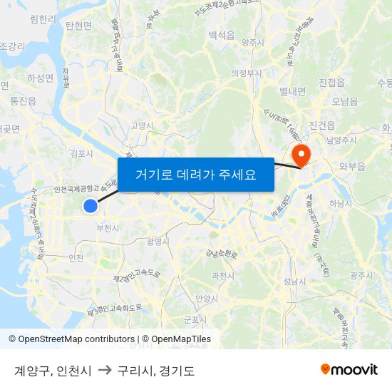 계양구, 인천시 to 구리시, 경기도 map