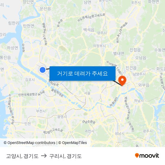 고양시, 경기도 to 구리시, 경기도 map