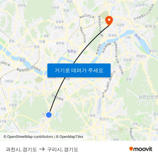 과천시, 경기도 to 구리시, 경기도 map