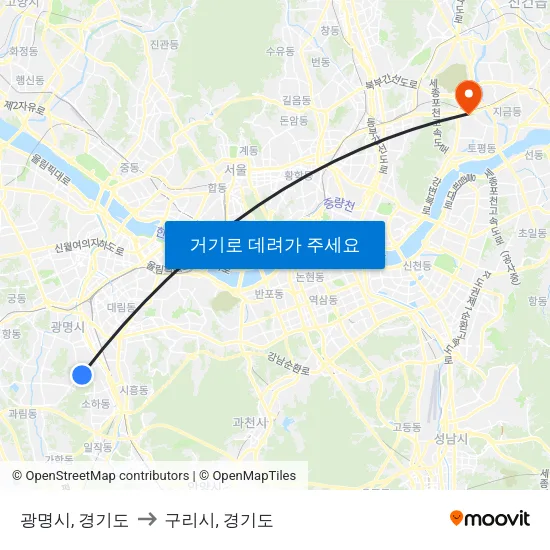 광명시, 경기도 to 구리시, 경기도 map