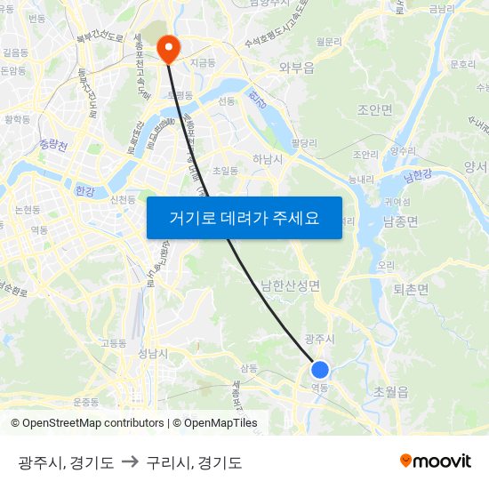 광주시, 경기도 to 구리시, 경기도 map