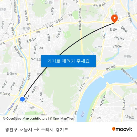 광진구, 서울시 to 구리시, 경기도 map