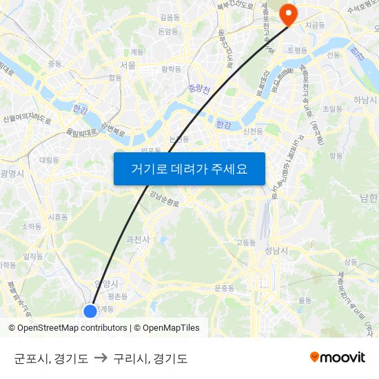 군포시, 경기도 to 구리시, 경기도 map